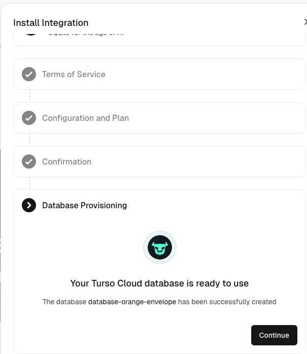 Tursoデータベース作成完了画面